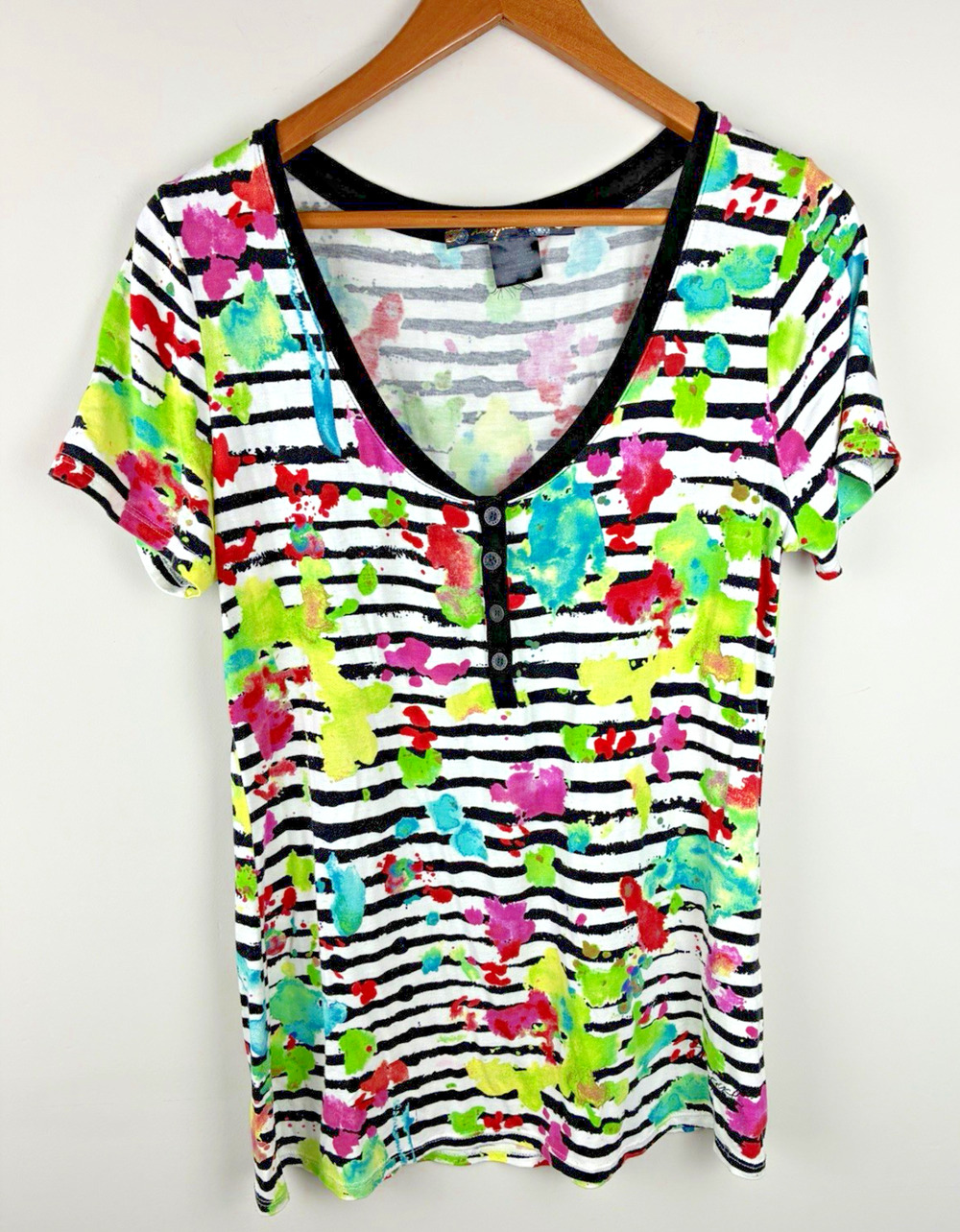 Desigual Women’s XL Top Floral Stripe Watercolor V-Neck Short Sleeve Tunic Artsy